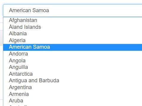 screenshot of a country selector with American Samoa highlighted
