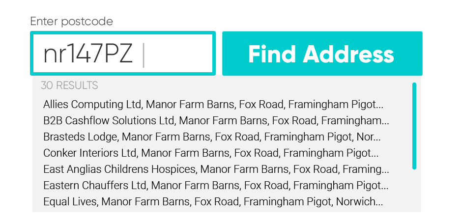 An illustration of a postcode lookup on a form. nr147pz is entered and a list of addresses is returned 
