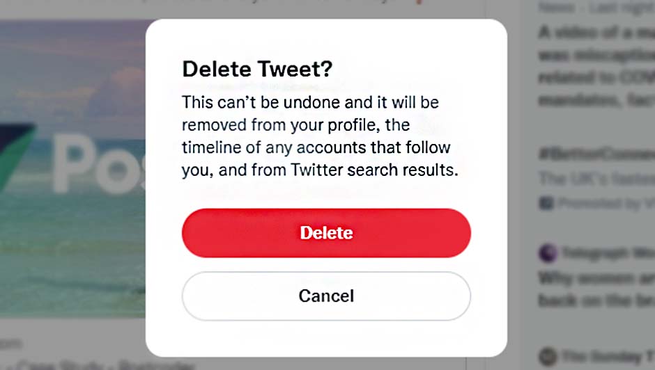 screenshot of a twitter warning modal asking the user whether they want to delete their tweet with a red button
