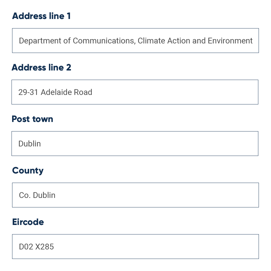 UI example of Irish address form, with fields filled in using address lookup API