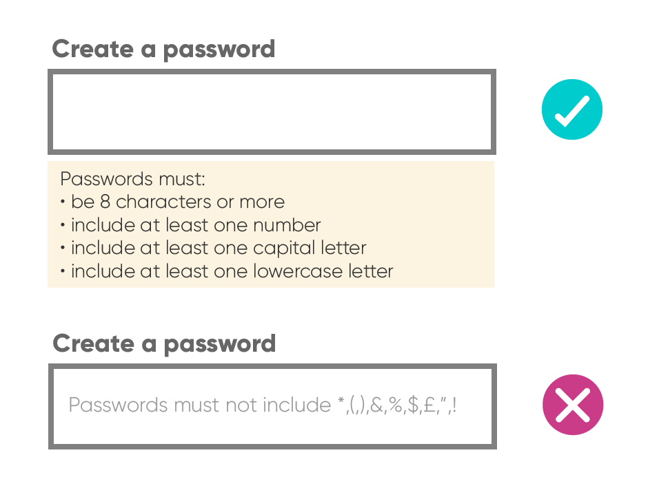 two password fields compared. The first example has a list of required password characters below the field, with a tick next to it. The second example has a list of forbidden characters within the field, with a cross next to it
